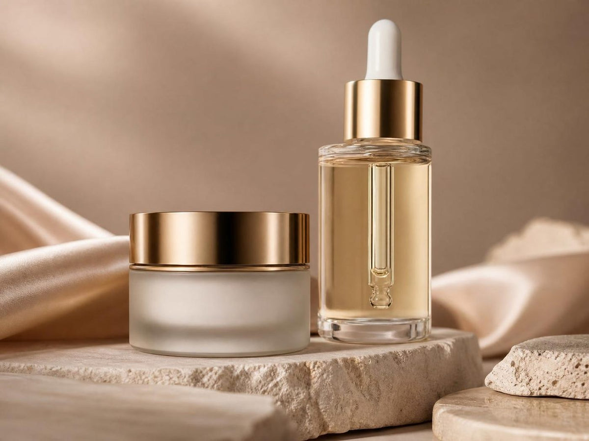 Cream jar and serum bottle with gold lids on stone